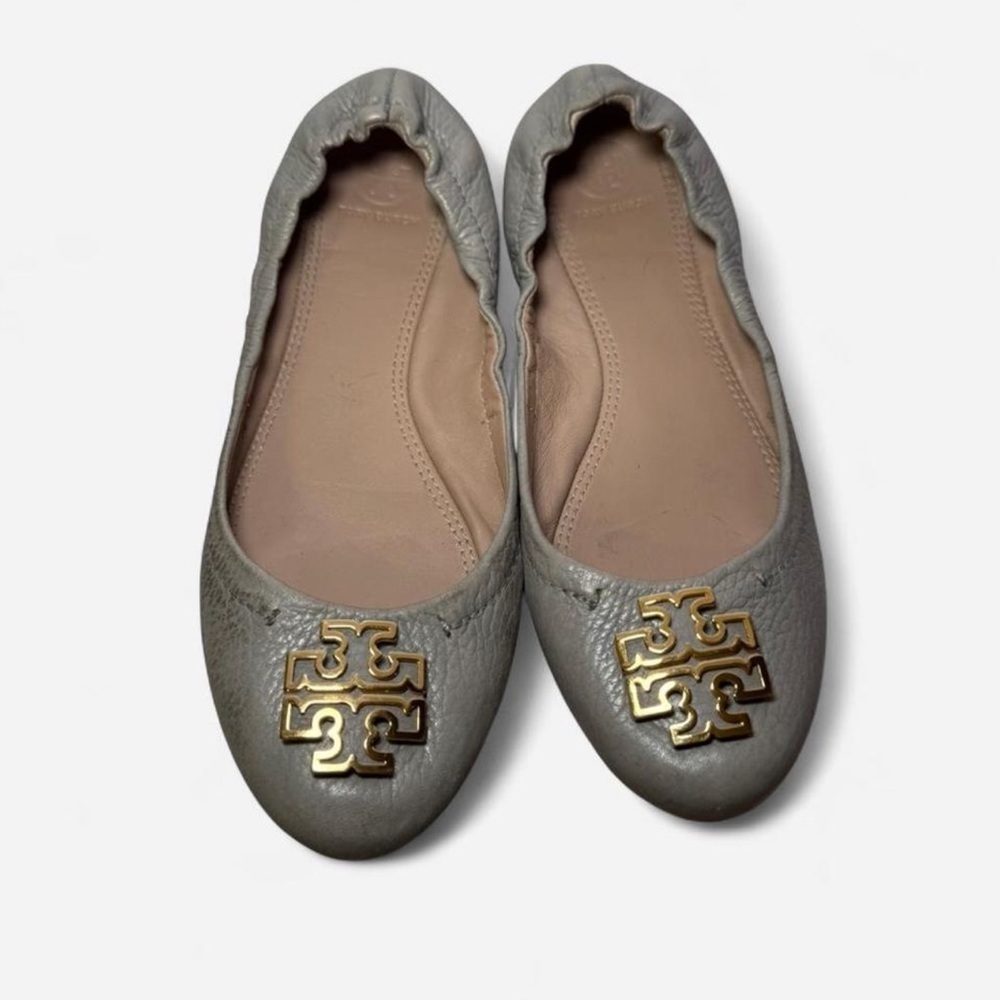 Tory Burch Silver Leather Logo Ballet Flats